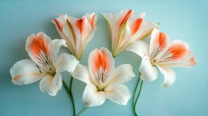Fototapeta premium Five delicate, peach-and-white Alstroemeria flowers arranged on a pale blue background.