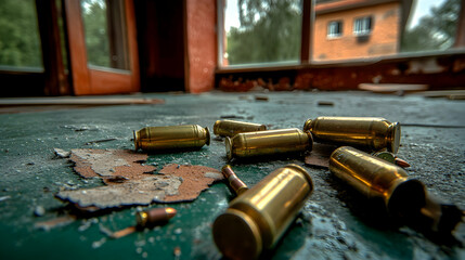 Spent brass casings litter an abandoned building's floor, near a window showing trees and a house