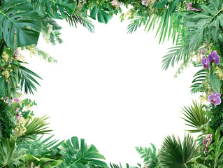 Lush green tropical frame with orchids and ferns.  
