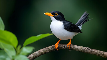 White-necked Rock-Thrush perched on branch, rainforest background, wildlife photography for nature publications