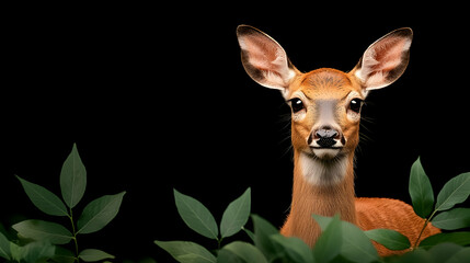 Whitetail deer fawn portrait, dark background, green leaves, wildlife nature scene, perfect for conservation or wildlife magazine