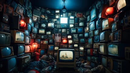 A dark, cozy room filled with vintage televisions displaying static, The ambiance is moody, with...