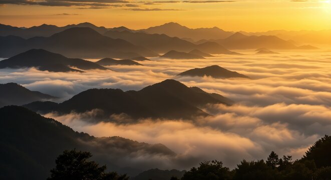 Majestic mountain sunrise with rolling fog and golden sky over hills