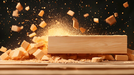 Wood block exploding, sawdust flying, dark background;  perfect for construction or carpentry advertisement