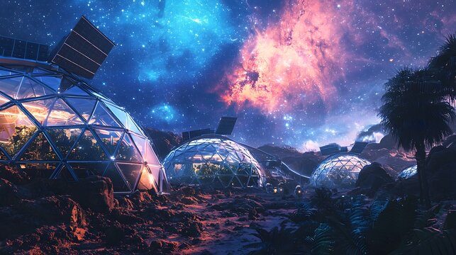 Futuristic geodesic domes with solar panels on alien planet under vivid cosmic sky. Space colonization, sustainable living and interstellar exploration amidst vibrant galaxy