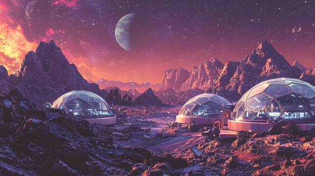 Futuristic space colony with geodesic domes in rugged alien landscape under cosmic sky. Astronomy, interstellar exploration and sustainable extraterrestrial living