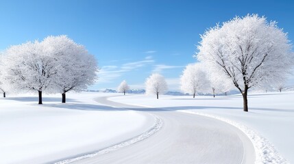 Obraz premium Snowy road winding through frost-covered trees in winter landscape