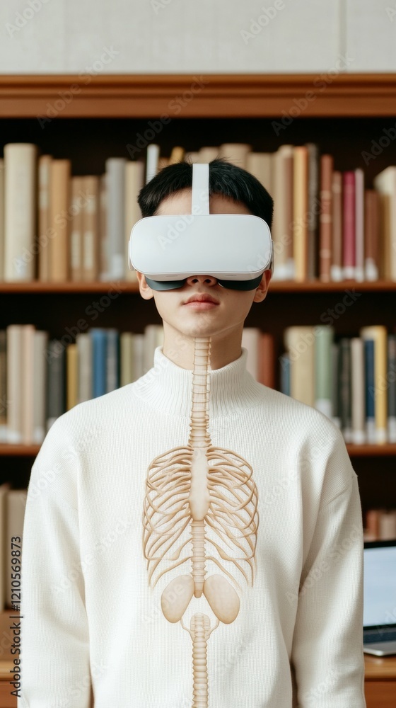 Poster immersive vr learning korean student in minimalist library with vr headset exploring anatomy - innov