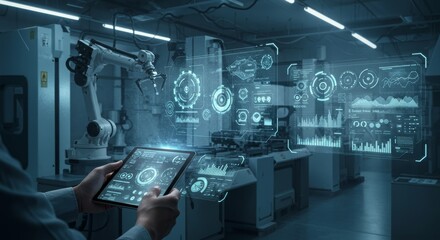 Advanced robotic arm operation with virtual data interface symbolizing industrial automation innovation and digital engineering for modern production efficiency