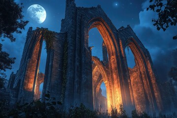 A cathedral ruin illuminated by the soft glow of the moon, vines hanging from its soaring arches