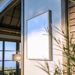 Blank wooden frame on outdoor wall capturing subtle reflections in natural light