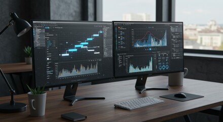 Dual monitor workstation with data visualization and analytics for business intelligence in contemporary office setup with cityscape background