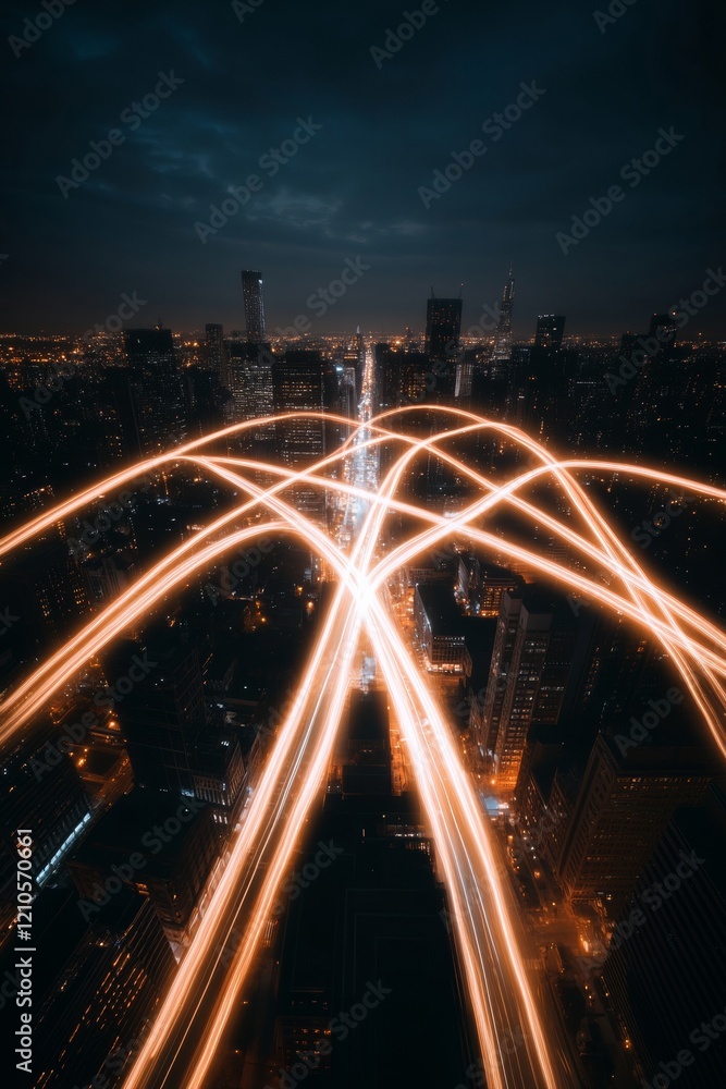 Aufkleber dynamic tech cityscape glowing night skyline with network grid overlays - illuminated infrastructure