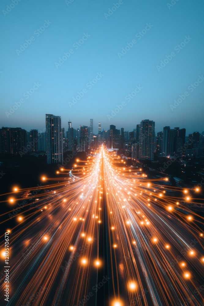 Poster dynamic night skyline illuminated urban network with energy pulses and skyscrapers - smart city infr