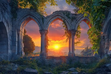 A cathedral ruin with arches framing a vibrant sunrise, vines hanging from the weathered stone