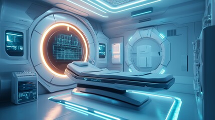 Sleek medical room features a high-tech examination table surrounded by illuminated walls and futuristic medical equipment. A creative setting designed for sci-fi scenarios.