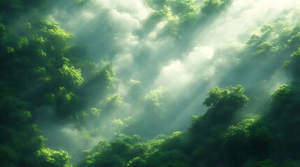 Fototapeta premium Sunlit Canopy Misty Green Forest Trees