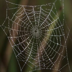 Obraz premium Intricate dew-covered spider web against blurred green background