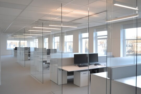 A clean, open-space office with suspended lighting, glass dividers, and modular workstations