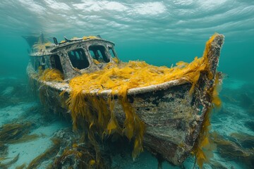 Old shipwreck underwater covered in yellow kelp and marine life