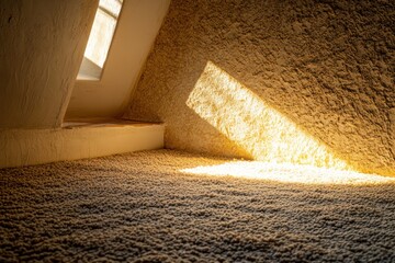 A cozy alcove with golden sunlight streaming in, highlighting a textured wall and a soft carpet