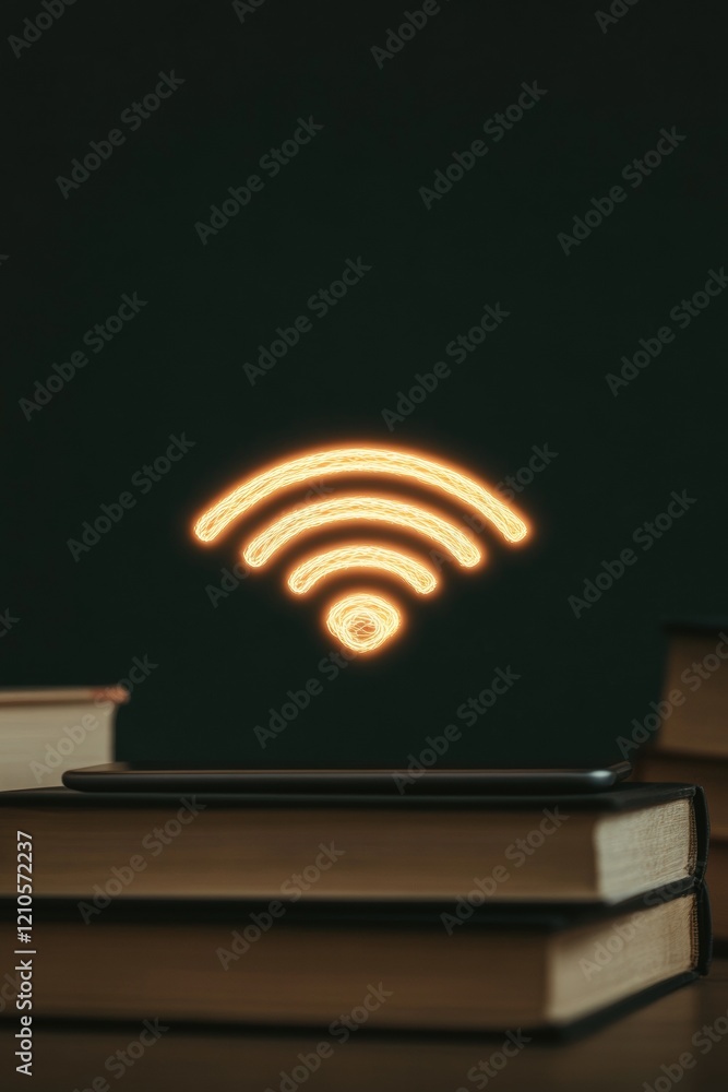 Poster modern cybersecurity in academic spaces glow abstract wi-fi symbol on tablet amidst vintage books - 