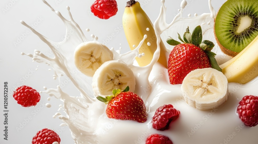 Aufkleber fresh fruit and cream splashing through the air with vibrant colors creating a lively and appetizing