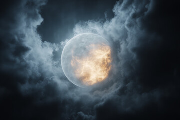 Fototapeta premium Full moon shining through dramatic clouds at night creating a mystical atmosphere