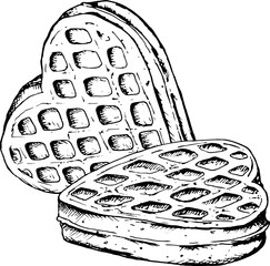 Black and white illustration of two heart-shaped waffles, drawn in a detailed sketch style. Perfect for bakery branding, Valentine s Day, International Waffle Day or menu designs, cards and labels
