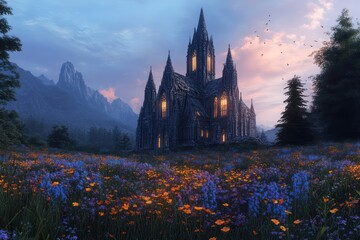A crumbling cathedral nestled in a field of wildflowers, its spires glowing softly in the evening light