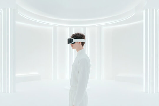 Individual wearing virtual reality headset in futuristic white room with glowing light accents during a technology demonstration