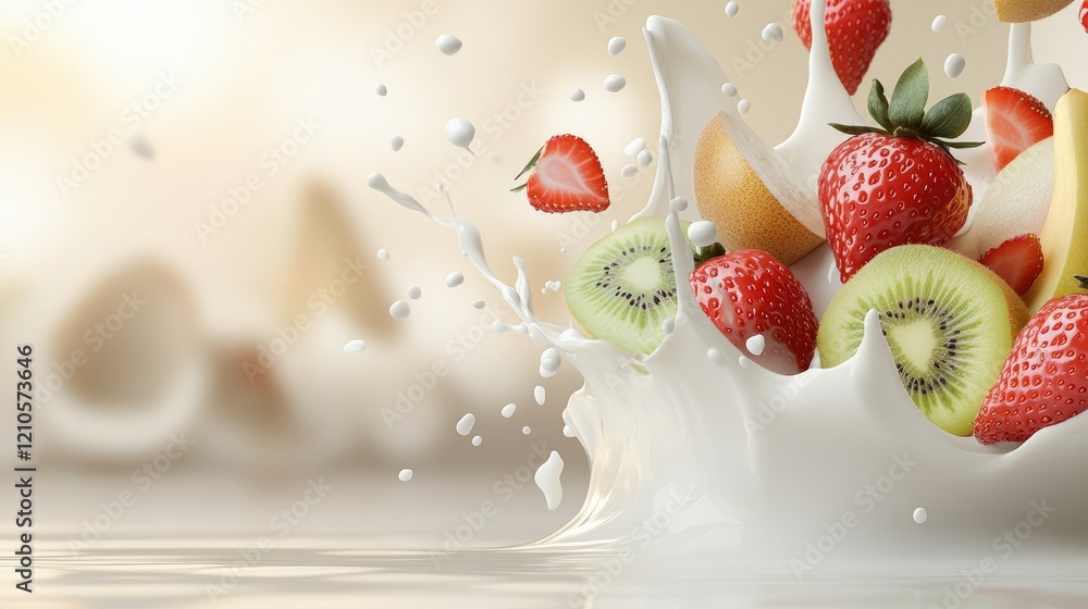 Poster fresh fruits splashing into creamy liquid create a vibrant and dynamic visual experience in a bright