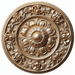 Golden ceiling medallion with swirls, ornament on a white background, 3D illustration, rendering.  Generative AI