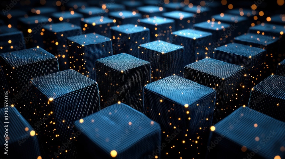 Poster glowing data cubes in digital network