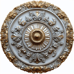 Golden ceiling medallion with swirls, ornament on a white background, 3D illustration, rendering.  Generative AI