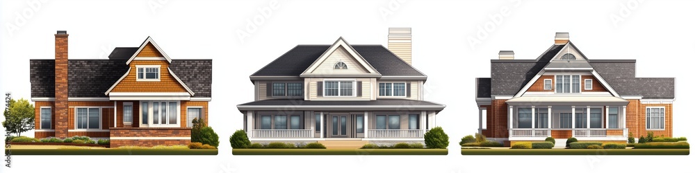 Poster a collection of three distinct shingle style house designs showcasing different architectural styles