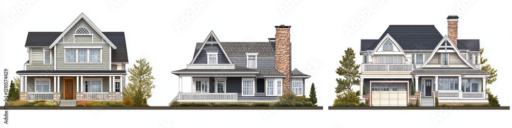 Poster a collection of three distinct shingle style house designs showcasing different architectural styles