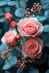 A bouquet of pink and white roses, light green leaves, and small flowers is placed on the wall with delicate colors. Generative AI