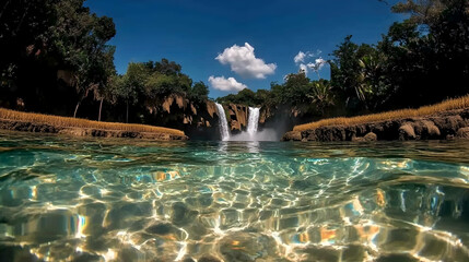 Tropical waterfall plunging into crystal-clear pool; lush vegetation, sunny sky.  Perfect for travel brochures