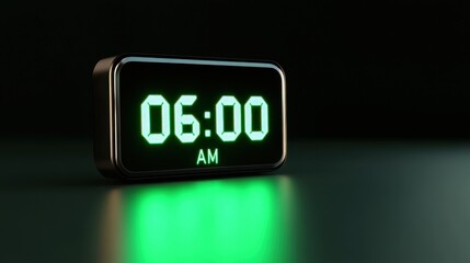 Sleek digital alarm clock displays bright neon green digits at 06:00 AM with polished black frame in a modern setting
