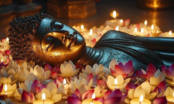 Serene buddha statue amidst lotus flowers and candlelight glow.