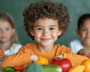 Fototapeta premium Vibrant School Cafeteria Scene Smiling Children Enjoying Fresh Veggies and Fruits - Promoting Healthy Eating in Education and Wellness Marketing Content