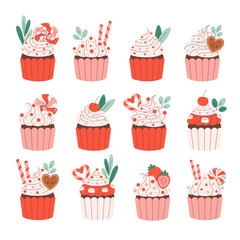 Sweet cupcakes with festive toppings. Valentines Day cupcakes. Vector illustration in flat style
