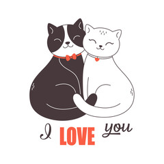 Cute cat couple in love. Animal love couple. Valentines Day greeting card. Vector doodle illustration, hand drawn design