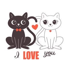 Obraz premium Cute cat couple in love. Animal love couple. Valentines Day greeting card. Vector doodle illustration, hand drawn design