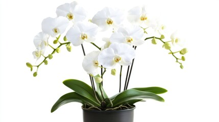Obraz premium Elegant Phalaenopsis Orchids in White Flowerpot with Lush Green Leaves on Isolated Background