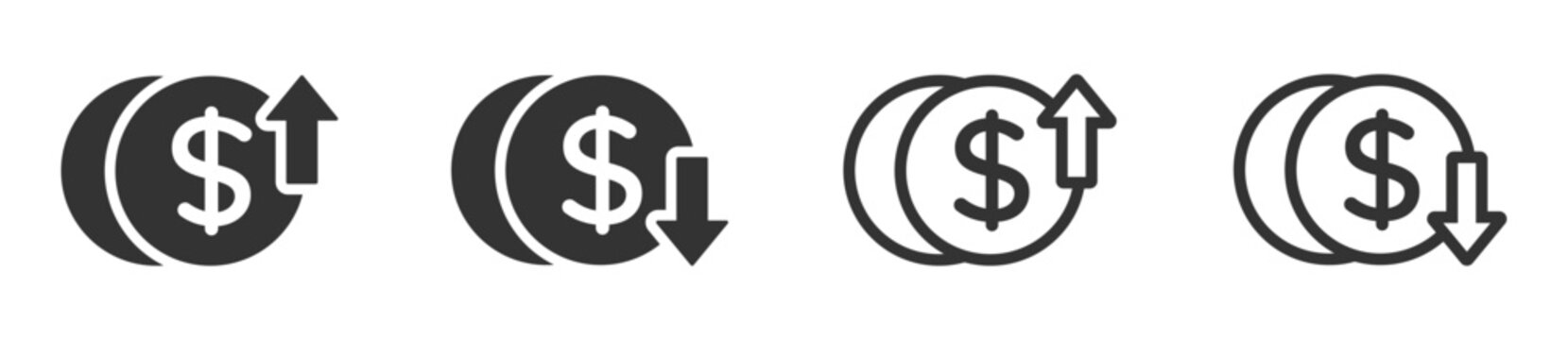 Dollar increase and decrease vector icons. Dollar rise and fall signs
