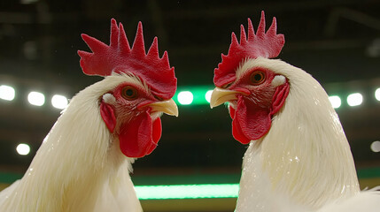 Two white roosters face off in arena; poultry show background