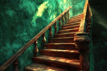 Fototapeta premium Ancient, weathered wooden staircase ascends against a dark teal wall, bathed in sunlight.