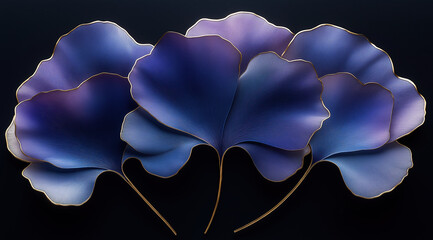 3D render of three ginkgo leaves, each with gold beads at the petal tips and a metallic sheen, creating an elegant composition on a black background. Generative AI